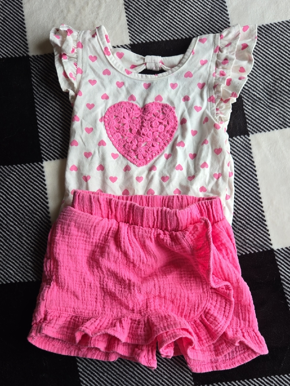 Real Love Girls White Top with Pink Heart Print and Hot Pink Skort Matching Set